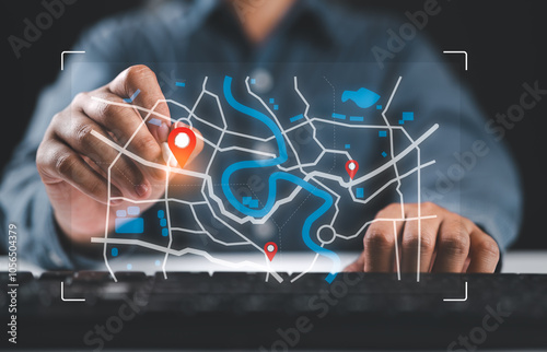 Quadro em tela Businessman marking location pin points and search addresses on geolocation map application