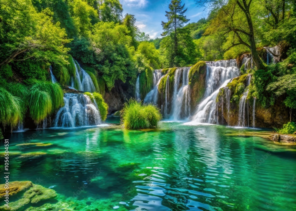 Obraz premium Water flows gracefully over vibrant foliage, cascading into a tranquil pond embraced by nature's beauty in Croatia, creating a serene and picturesque escape.