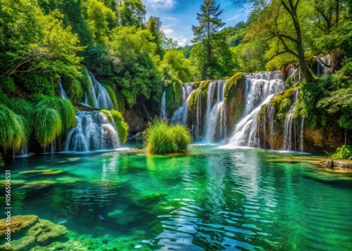 Water flows gracefully over vibrant foliage, cascading into a tranquil pond embraced by nature's beauty in Croatia, creating a serene and picturesque escape.