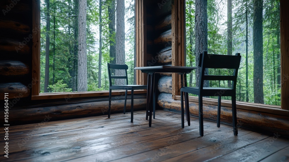 A serene wooden interior featuring a table and two chairs, framed by a lush forest view through large windows. A serene wooden interior featuring a table and two chairs, framed by a lush forest view through large windows.