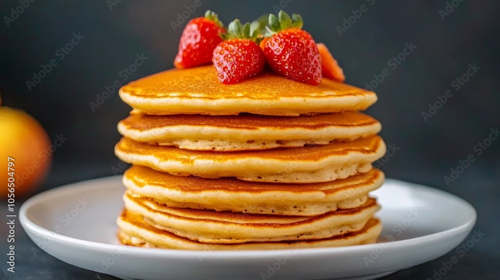 Delicious Stack of Pancakes with Fresh Strawberries on a White Plate Delicious Stack of Pancakes with Fresh Strawberries on a White Plate