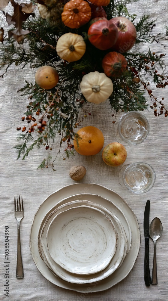 Elegant Autumn Table Setting with Rustic Plates and Seasonal Fruits for a Festive Dinner Elegant Autumn Table Setting with Rustic Plates and Seasonal Fruits for a Festive Dinner