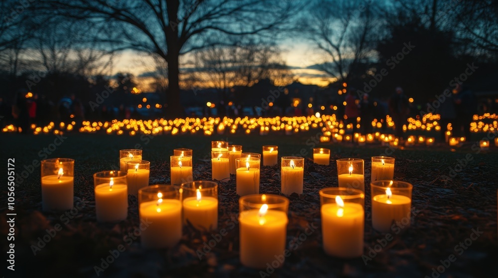 Candles illuminating a serene park during twilight gathering in autumn