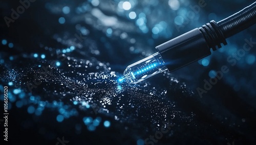 A close-up of a blue glowing fiber optic cable plugged into a dark surface with bokeh lights in the background.