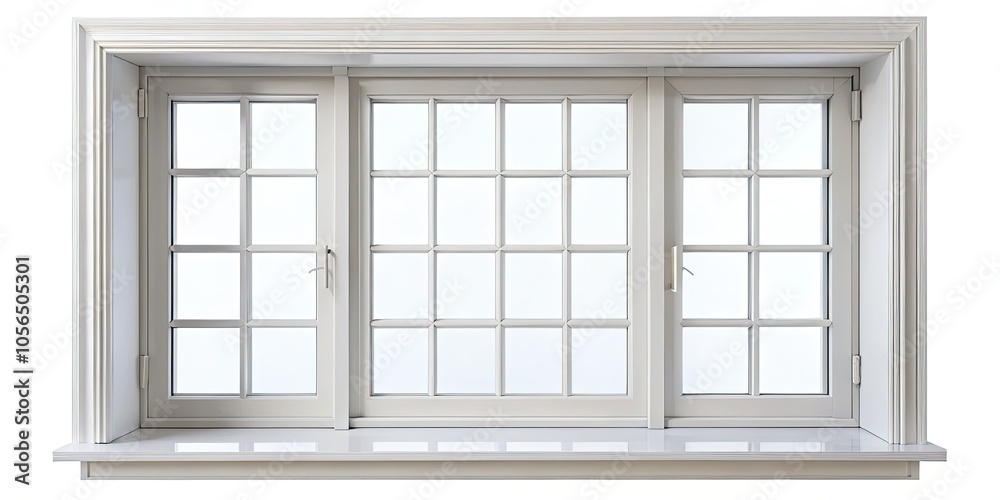 White European window frame isolated on a pristine white background, ideal for design and architectural applications, showcasing elegance and simplicity in design aesthetics. White European window frame isolated on a pristine white background, ideal for design and architectural applications, showcasing elegance and simplicity in design aesthetics.