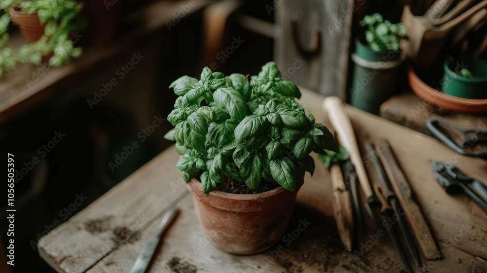 Fresh Basil Plant in Rustic Pot on Wooden Table Fresh Basil Plant in Rustic Pot on Wooden Table