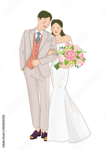 Cartoon Chibi Bride and Groom Holding Hands in Elegant Cartoon Style
