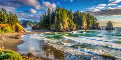 Wide-angle vista of La Push Second Beach, showcasing dramatic sea stacks, rolling waves, and the verdant cliffs of Washington's enchanting coastal wilderness.