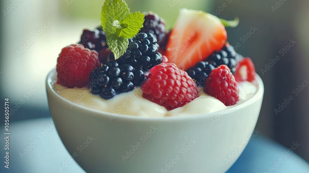 Bowl of yogurt smoothie topped with colorful berries and fruits, fresh and vibrant Bowl of yogurt smoothie topped with colorful berries and fruits, fresh and vibrant