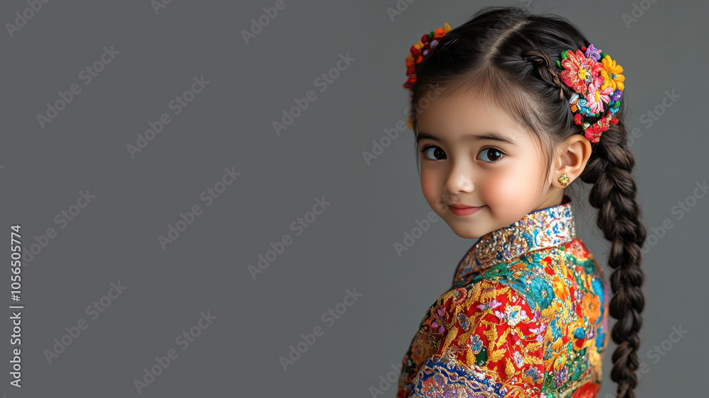 Indonesian little girl in traditional bunad folk costume isolated on gray Indonesian little girl in traditional bunad folk costume isolated on gray