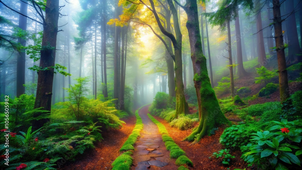 Obraz premium Winding through a mysterious forest, an enigmatic path disappears into the fog, embraced by verdant trees and lush greenery, inviting exploration and wonder.