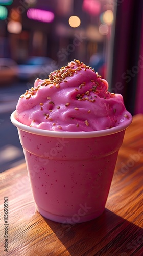 Vibrant pink dessert topped with sesame seeds in a cup photo