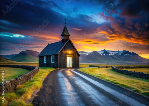 Winding through the captivating Icelandic terrain, the road guides visitors to the iconic Budakirkja, a charming black wooden church surrounded by breathtaking natural landscapes. photo