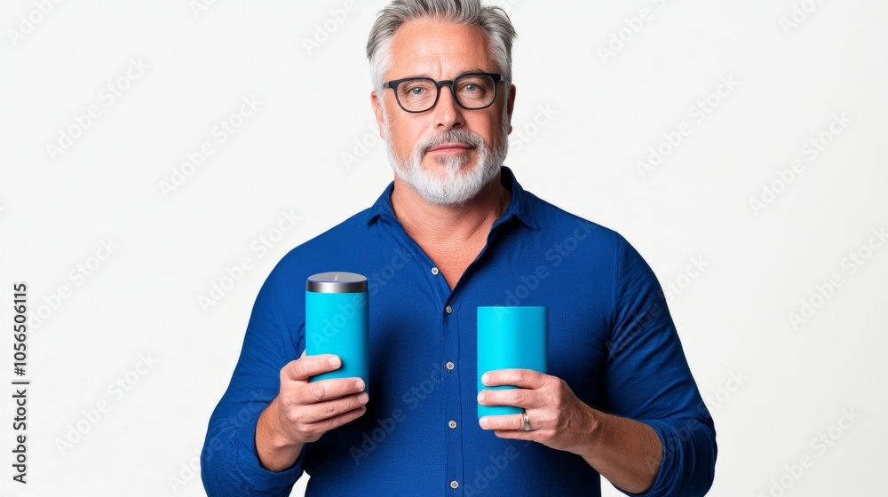 Man Holding Blue Cylindrical Containers Product Presentation Design Lifestyle Man Holding Blue Cylindrical Containers Product Presentation Design Lifestyle