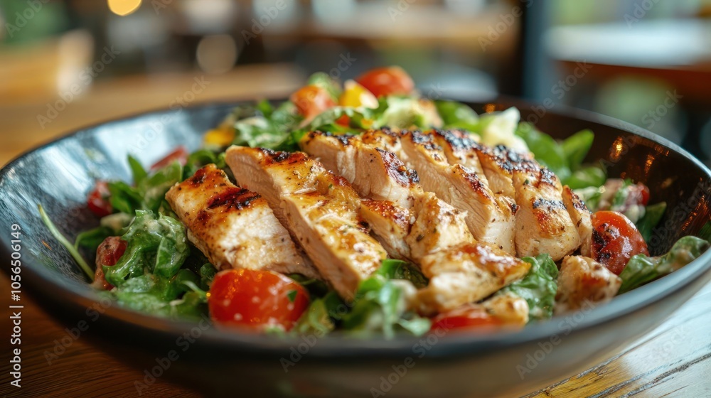 Chicken and salad served together, possibly with grilled vegetables. Chicken and salad served together, possibly with grilled vegetables.