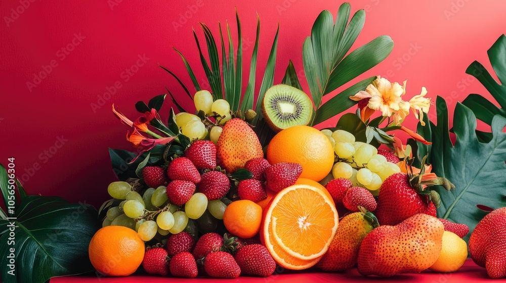 Colorful tropical fruit mix on red, filled with strawberries, oranges, and kiwi in bright, fresh arrangement Colorful tropical fruit mix on red, filled with strawberries, oranges, and kiwi in bright, fresh arrangement
