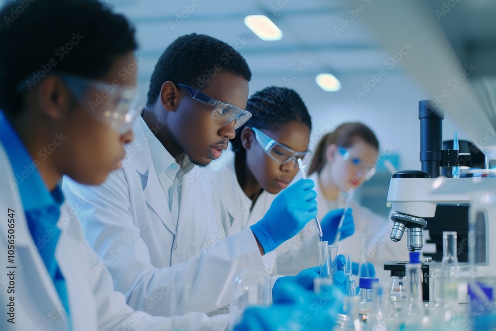 A diverse team conducts research in a modern medicine laboratory focused on scientific discovery and innovation A diverse team conducts research in a modern medicine laboratory focused on scientific discovery and innovation