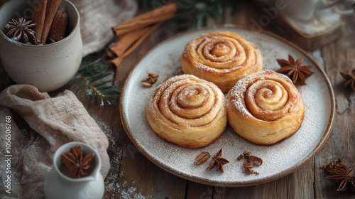 Sweet desserts in the shape of roses, topped with cinnamon and powdered sugar