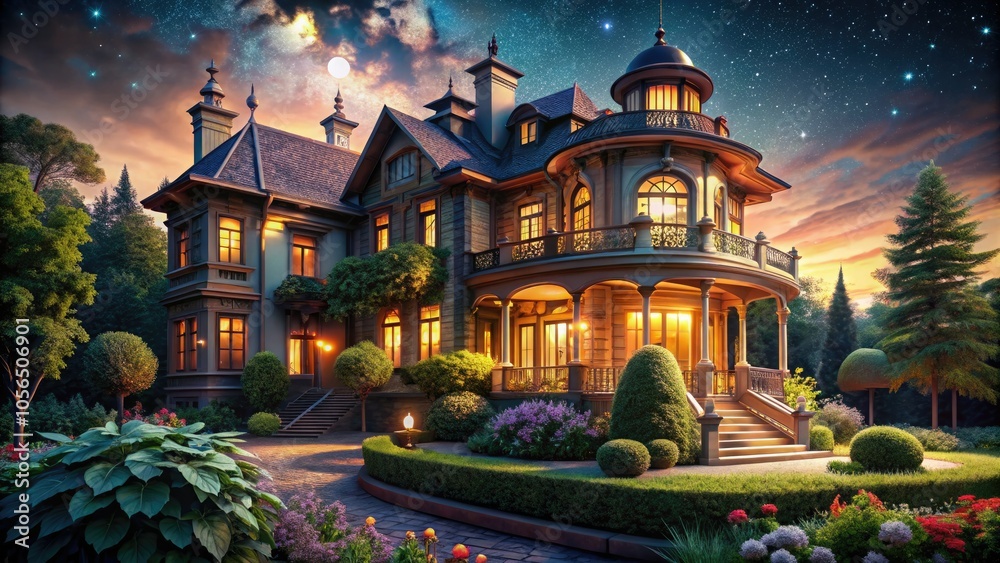 Obraz premium Night photography highlights the Jugendstil villa's stunning architectural features, with elegant lighting illuminating its intricate details, creating a mesmerizing atmosphere of artistic beauty.