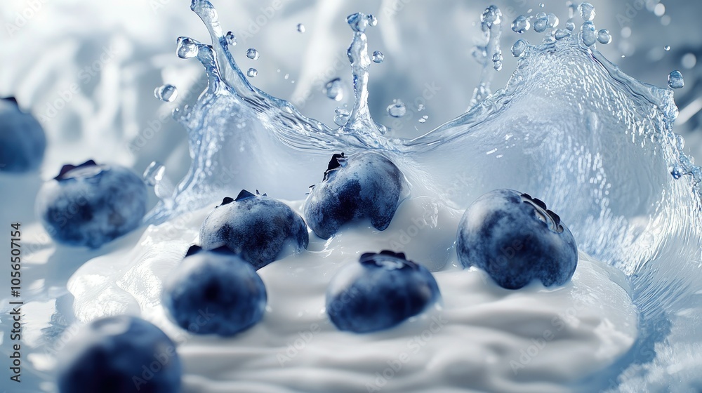 Fresh blueberries landing in creamy yogurt, close-up splash effect, vibrant and fresh Fresh blueberries landing in creamy yogurt, close-up splash effect, vibrant and fresh