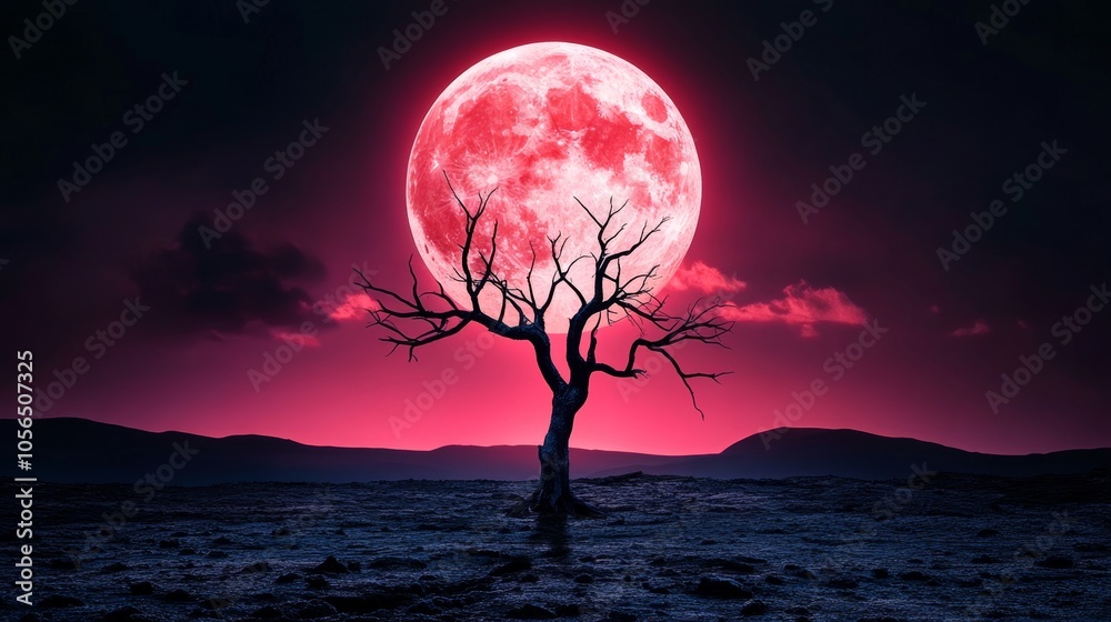 Full Blood Moon Night Landscape with Silhouette Tree Full Blood Moon Night Landscape with Silhouette Tree