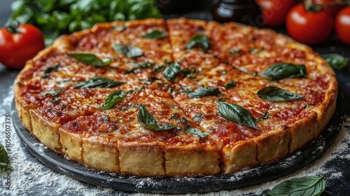 Delicious deep-dish pizza topped with rich tomato sauce, melted cheese, and fresh basil leaves, perfect for Italian food lovers.