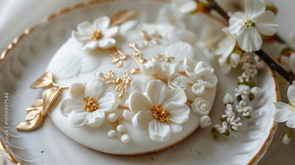 White Fondant Cookie with Gold Foil Decoration and Flowers for Wedding Dessert White Fondant Cookie with Gold Foil Decoration and Flowers for Wedding Dessert