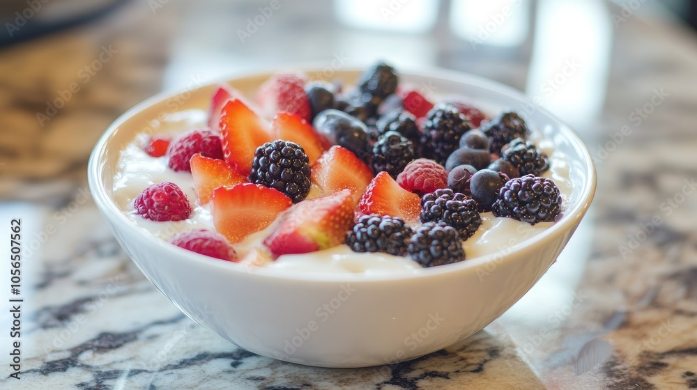 Fresh yogurt smoothie bowl filled with mixed berries and fruit slices, rich and colorful Fresh yogurt smoothie bowl filled with mixed berries and fruit slices, rich and colorful