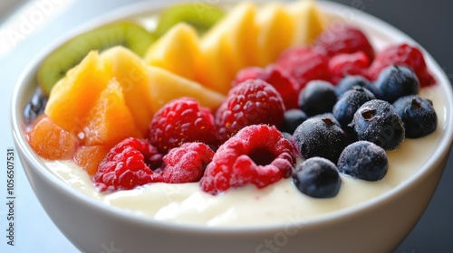 Fresh yogurt smoothie bowl filled with mixed berries and fruit slices, rich and colorful