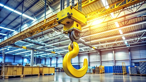 Yellow crane hook assembly suspended from ceiling, designed for industrial workshops and manufacturing facilities, enhances efficiency and safety in heavy lifting operations.
