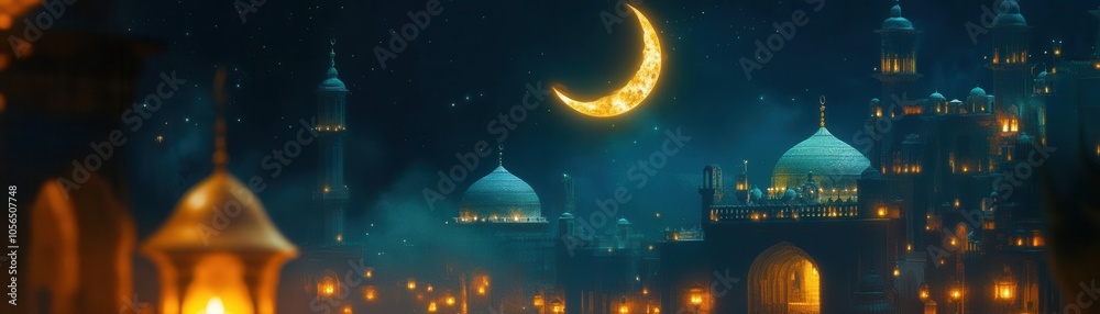 Crescent moon and mosque illuminated by soft glowing lanterns, Ramadan night scene, spiritual peace Crescent moon and mosque illuminated by soft glowing lanterns, Ramadan night scene, spiritual peace