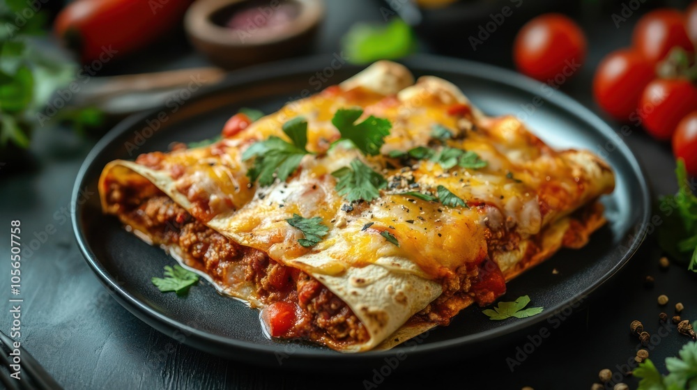 Tasty-looking Mexican breakfast burrito served on a black plate with green garnish and vegetables in