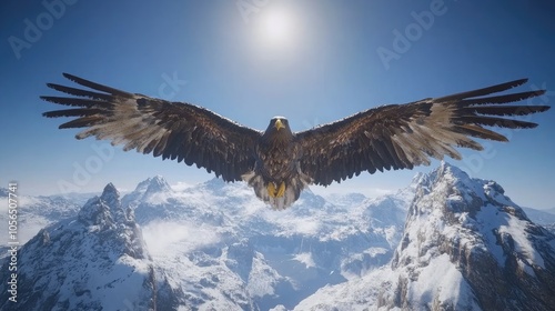 Majestic Eagle Soaring Over Snowy Mountains