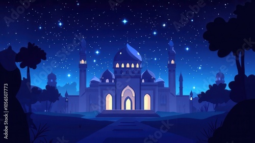 Flat design of a peaceful mosque under the night sky with glowing stars, Ramadan mosque, spiritual night scene