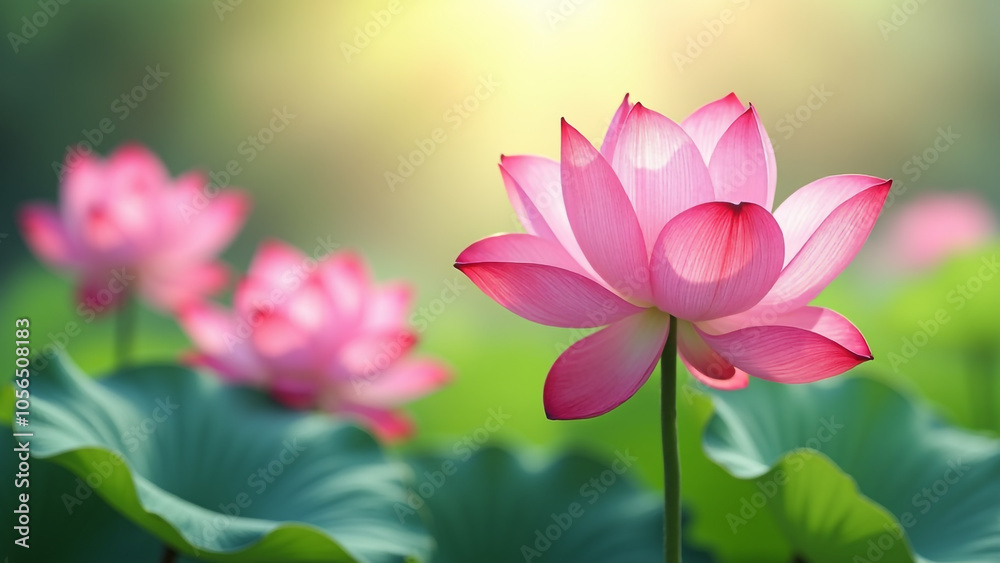 Beautiful Pink Lotus Flowers and Leaves in a Sunlit Pond. Beautiful Pink Lotus Flowers and Leaves in a Sunlit Pond.
