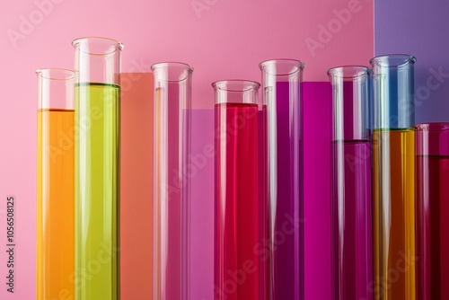 Test tubes filled with colorful chemical liquid creating a rainbow effect on a vibrant background