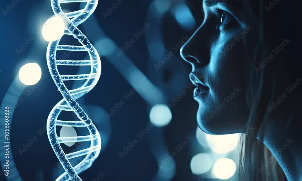 Woman Gazing at DNA Double Helix