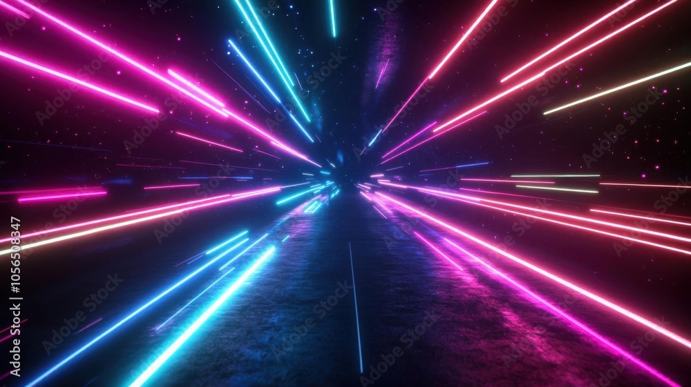 Obraz premium Light beams in neon colors speeding across a dark backdrop, symbolizing futuristic technology and innovation