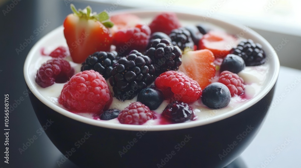 Healthy yogurt smoothie bowl with a mix of fruits and berries, beautiful breakfast setup Healthy yogurt smoothie bowl with a mix of fruits and berries, beautiful breakfast setup