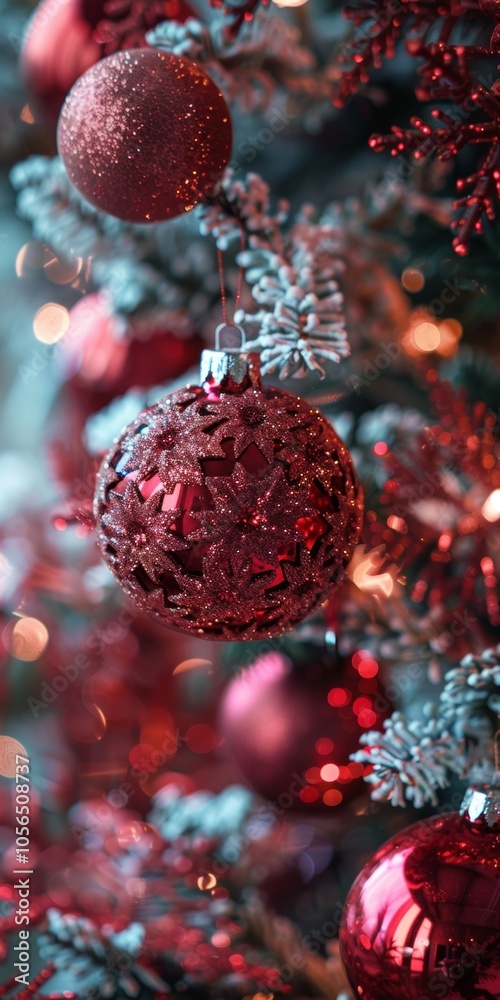 Obraz premium A detailed shot of red Christmas ornaments hanging on a beautifully decorated tree, illuminated by sparkling lights.