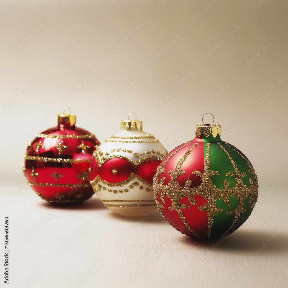 Three beautifully decorated Christmas ornaments in red, green, and white with intricate gold patterns, perfect for holiday celebrations. Three beautifully decorated Christmas ornaments in red, green, and white with intricate gold patterns, perfect for holiday celebrations.
