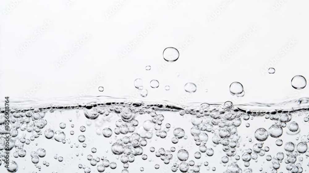 Clear water surface with air bubbles rising, white background, minimalist and refreshing, symbolizing purity and hydration Clear water surface with air bubbles rising, white background, minimalist and refreshing, symbolizing purity and hydration