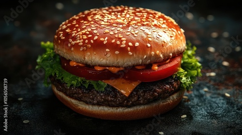 Burgers are the most popular food in this country.  a cheesy burger with lettuce and tomato on top.