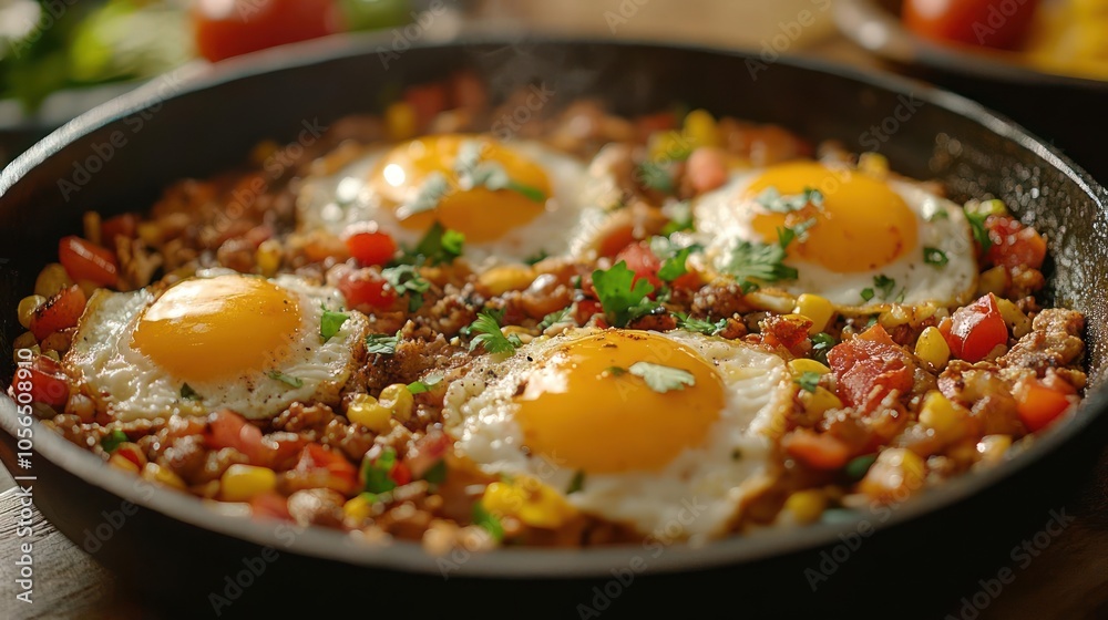 Delicious eggs with sausage and peppers cooked on a skillet. Delicious eggs with sausage and peppers cooked on a skillet.