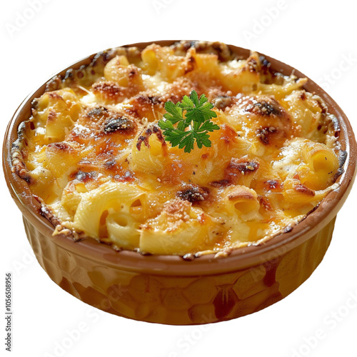 Creamy macaroni and cheese in bowl isolated on transparent background