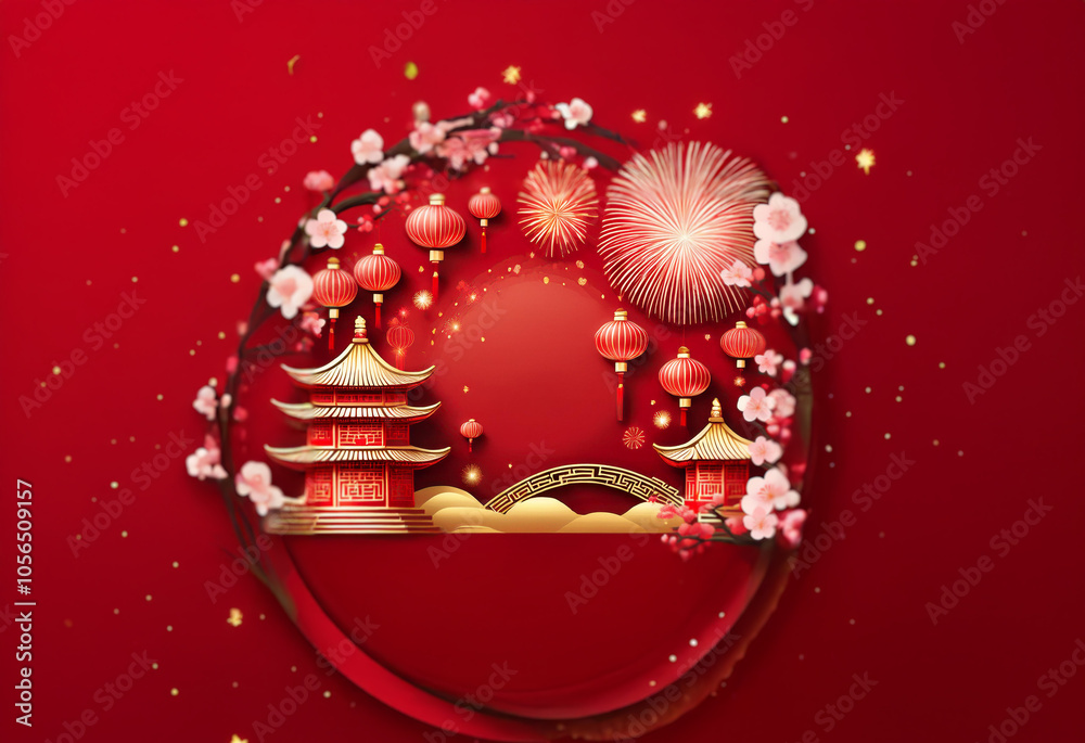 A red background with a circular border adorned with cherry blossoms, lanterns, and a miniature pagoda scene. A red background with a circular border adorned with cherry blossoms, lanterns, and a miniature pagoda scene.