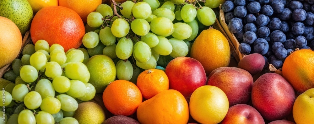 A vibrant assortment of fresh fruits arranged for display or sale. A vibrant assortment of fresh fruits arranged for display or sale.