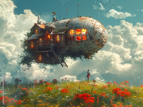 Airship House Flying Over a Field of Flowers photo