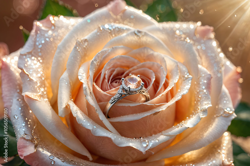 Wedding anniversary, celebration and valentine's day. Wedding ring in rose flower. Marry me.
