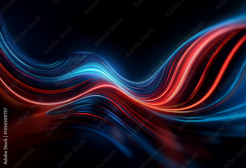 Abstract digital art with red and blue glowing lines forming a wave. Abstract digital art with red and blue glowing lines forming a wave.